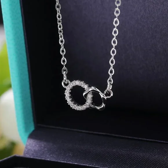 💎 Shiny Double Rings Hollow Round CZ Dainty Necklace for Women, INDN8643 - Picture 1 of 3